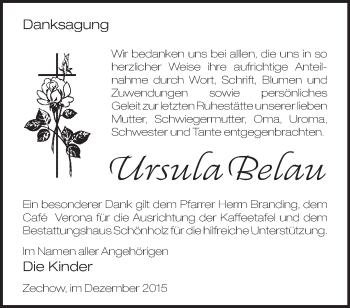 Traueranzeige von Ursula Belau von Märkische Oderzeitung