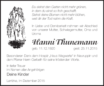 Traueranzeige von Hanni Thunemann von Märkische Oderzeitung