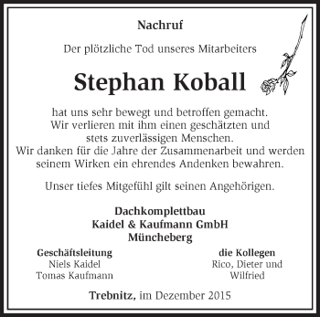 Traueranzeige von Stephan Koball von Märkische Oderzeitung