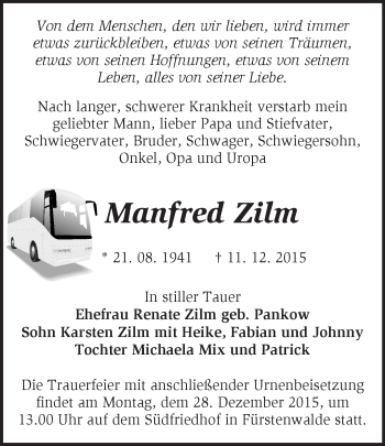 Traueranzeige von Manfred Zilm von Märkische Oderzeitung