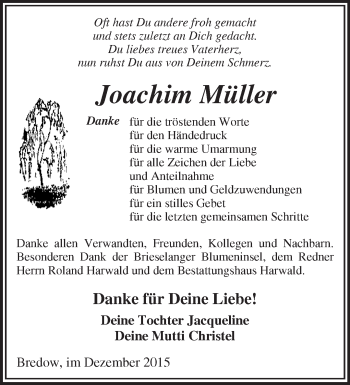 Traueranzeige von Joachim Müller von Märkische Oderzeitung