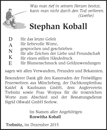 Traueranzeige von Stephan Koball von Märkische Oderzeitung