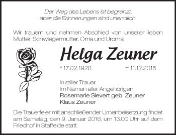 Traueranzeige von Helga Zeuner von Märkische Oderzeitung