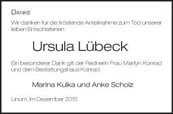 Traueranzeige von Ursula Lübeck von Märkische Oderzeitung