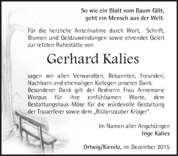 Traueranzeige von Gerhard Kalies von Märkische Oderzeitung