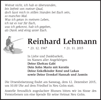 Traueranzeige von Reinhard Lehmann von Märkische Oderzeitung