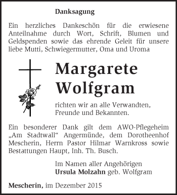 Traueranzeige von Margarete Wolfgram von Märkische Oderzeitung