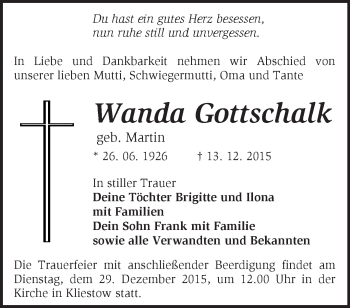 Traueranzeige von Wanda Gottschalk von Märkische Oderzeitung