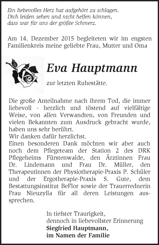  Traueranzeige für Eva Hauptmann vom 19.12.2015 aus Märkische Oderzeitung