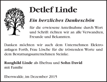 Traueranzeige von Detlef Linde von Märkische Oderzeitung