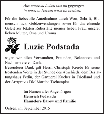 Traueranzeige von Luzie Podstada von Märkische Oderzeitung