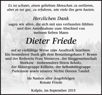 Traueranzeige von Dieter Friede von Märkische Oderzeitung