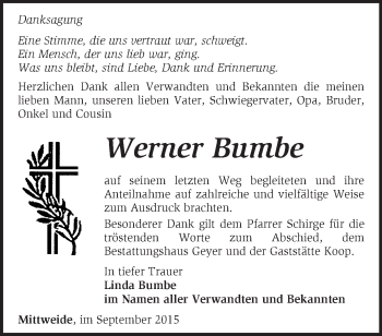 Traueranzeige von Werner Bumbe von Märkische Oderzeitung