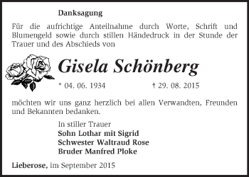 Traueranzeige von Gisela Schönberg von Märkische Oderzeitung