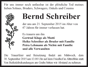 Traueranzeige von Bernd Schreiber von Märkische Oderzeitung