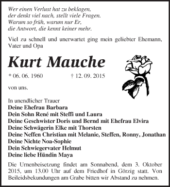 Traueranzeige von Kurt Mauche von Märkische Oderzeitung