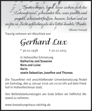 Traueranzeige von Gerhard Lux von Märkische Oderzeitung