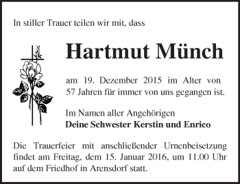 Traueranzeige von Hartmut Münch von Märkische Oderzeitung