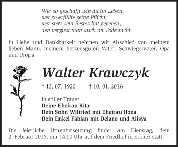 Traueranzeige von Walter Krawczyk von Märkische Oderzeitung