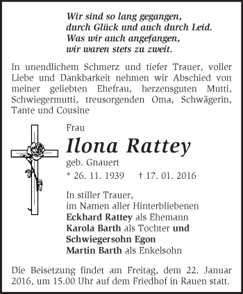 Traueranzeige von Ilona Rattey von Märkische Oderzeitung