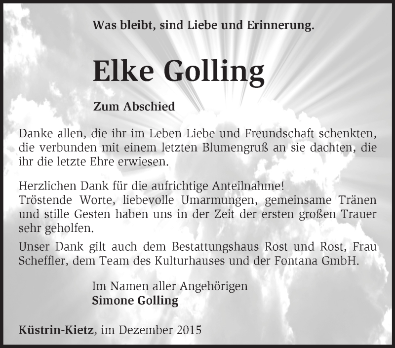  Traueranzeige für Elke Golling vom 10.01.2016 aus Märkische Oderzeitung