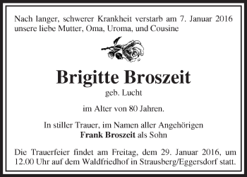 Traueranzeige von Brigitte Broszeit von Märkische Oderzeitung