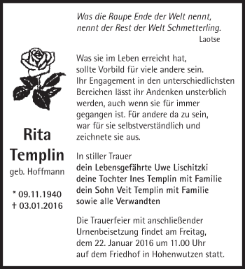 Traueranzeige von Rita Templin von Märkische Oderzeitung