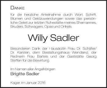 Traueranzeige von Willy Sadler von Märkische Oderzeitung