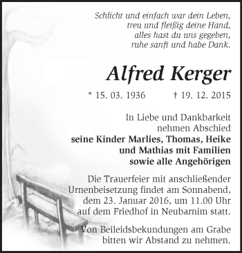 Traueranzeige von Alfred Kerger von Märkische Oderzeitung