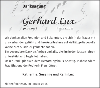 Traueranzeige von Gerhard Lux von Märkische Oderzeitung