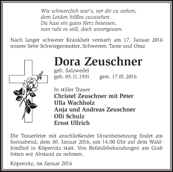 Traueranzeige von Dora Zeuschner von Märkische Oderzeitung