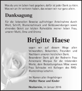 Traueranzeige von Brigitte Haese von Märkische Oderzeitung