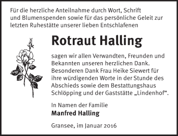 Traueranzeige von Rotraut Halling von Märkische Oderzeitung