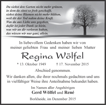 Traueranzeige von Regina Wölfel von Märkische Oderzeitung