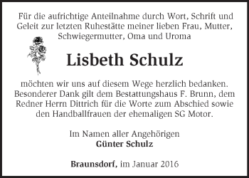 Traueranzeige von Liesbeth Schulz von Märkische Oderzeitung