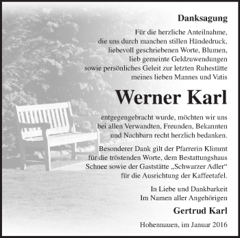 Traueranzeige von Werner Karl von Märkische Oderzeitung