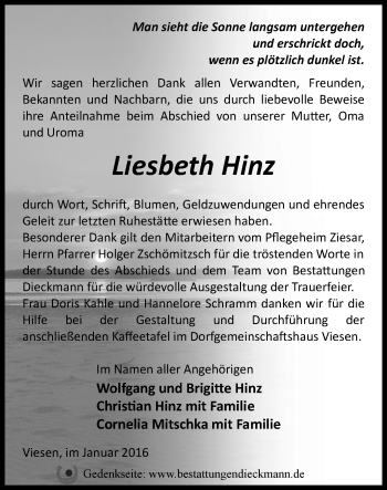 Traueranzeige von Liesbeth Hinz von Märkische Oderzeitung