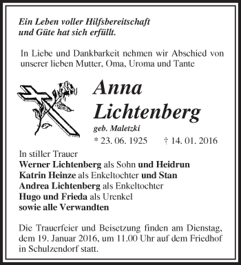 Traueranzeige von Anna Lichtenberg von Märkische Oderzeitung