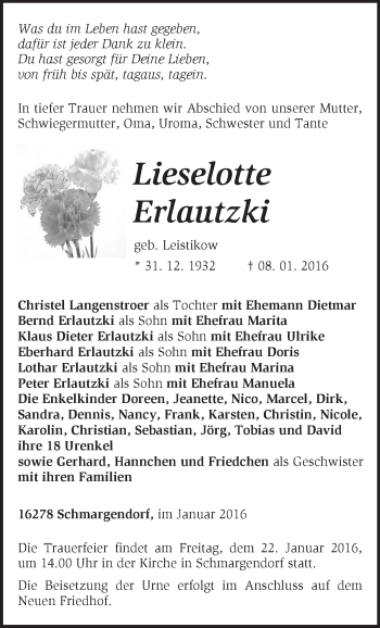 Traueranzeige von Lieselotte Erlautzki von Märkische Oderzeitung