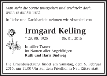 Traueranzeige von Irmgard Kelling von Märkische Oderzeitung