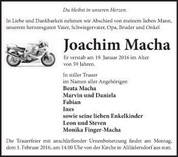 Traueranzeige von Joachim Macha von Märkische Oderzeitung