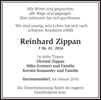 Traueranzeige von Reinhard Zippan von Märkische Oderzeitung