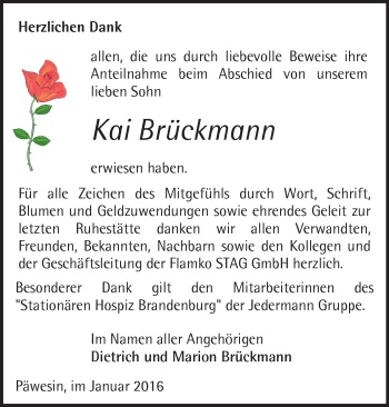 Traueranzeige von Kai Brückmann von Märkische Oderzeitung