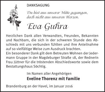Traueranzeige von Eva Guhra von Märkische Oderzeitung