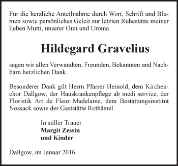 Traueranzeige von Hildegard Gravelius von Märkische Oderzeitung