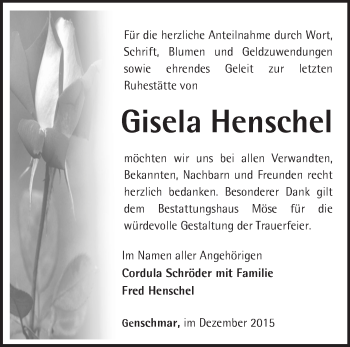 Traueranzeige von Gisela Henschel von Märkische Oderzeitung