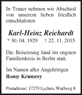 Traueranzeige von Karl-Heinz Reichardt von Märkische Oderzeitung