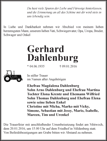 Traueranzeige von Gerhard Dahlenburg von Märkische Oderzeitung