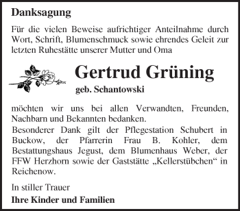 Traueranzeige von Gertrud Grüning von Märkische Oderzeitung