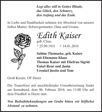 Traueranzeige von Edith Kaiser von Märkische Oderzeitung